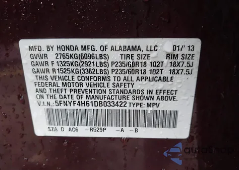 2013 Honda Pilot Ex-L z USA, uszkodzony, nr VIN 5FNYF4H61DB033422